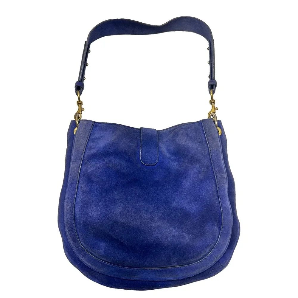VTG J. Crew Blue Suede Leather Push Lock Triple Compartment Hobo Shoulder Bag